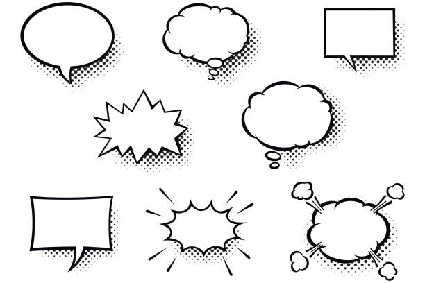 puste komiksy dymki mowy. czarno-białe balony mowy z cieniami półtonów - cartoon speech bubble bubble comic book stock illustrations