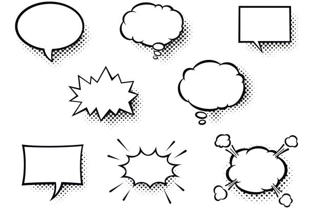 ilustrações de stock, clip art, desenhos animados e ícones de blank comic books speech bubbles. black and white speech balloons with halftone pattern shadows - cartoon speech bubble bubble comic book