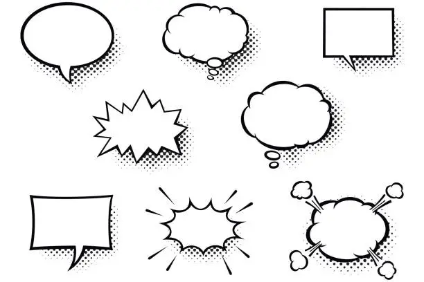 Vector illustration of Blank comic books speech bubbles. Black and white speech balloons with halftone pattern shadows
