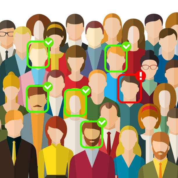 Concept of face identification. A crowd of people with ID marks on face. Face recognition system verifying suspect in the crowd. Concept of face identification. A crowd of people with ID marks on face. Face recognition system verifying suspect in the crowd. Flat design, vector illustration. discover card stock illustrations