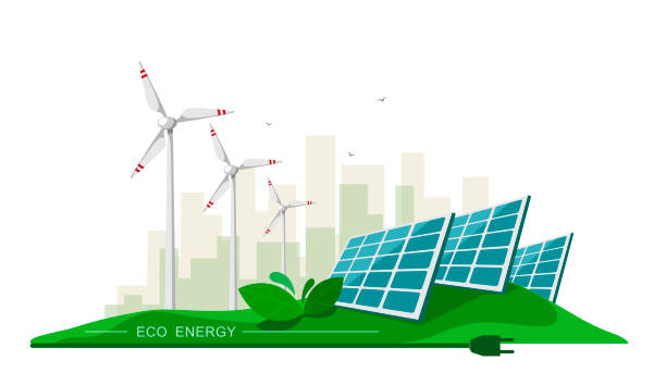 vektor-illustration von saubere elektrische energie aus erneuerbaren energiequellen sonne und wind auf weiß. kraftwerk bahnhofsgebäude mit solarzellen und windräder auf stadt skyline stadtlandschaft. öko-energie - solar power station solar energy sun clean stock-grafiken, -clipart, -cartoons und -symbole