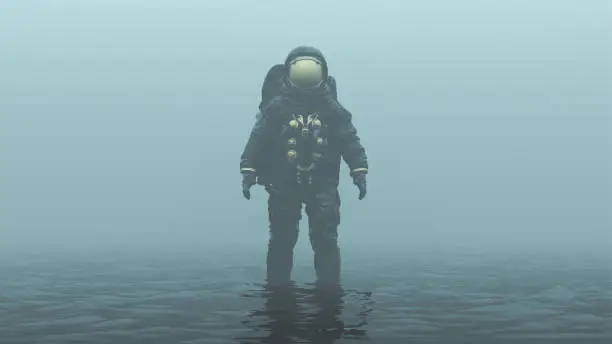 Astronaut with Gold Visor Standing in Black Liquid in a Foggy Overcast Alien Environment 3d illustration 3d render