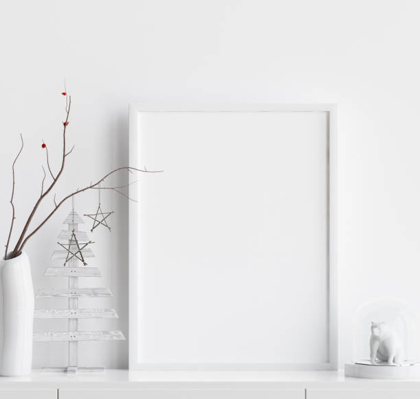 Mock up poster frame with Christmas decoration in home interior, Scandinavian style