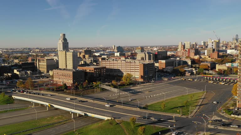 Aerial View Camden New Jersey Downtown City Skyline Toll Bridge Entrance