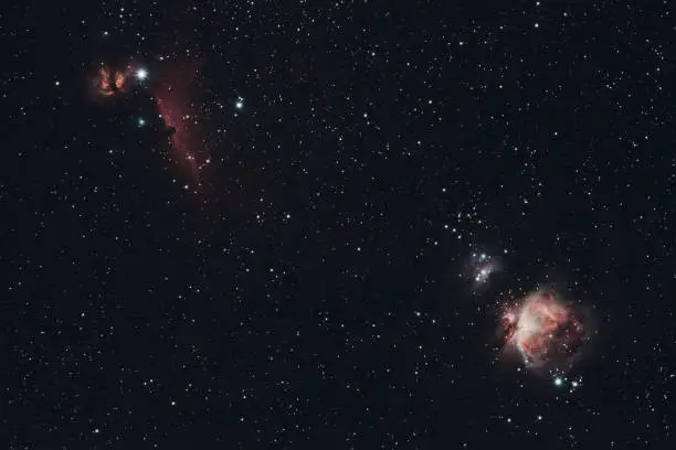 The Horsehead, Flame, and Orion Nebula photographed from Wachenheim in Germany.