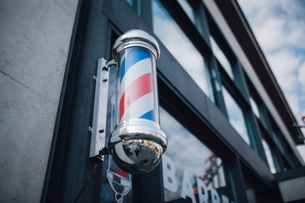 istock Red and blue striped barber shop pole 1083830348