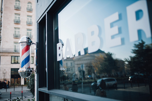 Red and blue striped barber shop pole