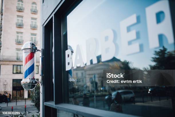 Red And Blue Striped Barber Shop Pole Stock Photo - Download Image Now - Barber Shop, Outdoors, Hair Salon