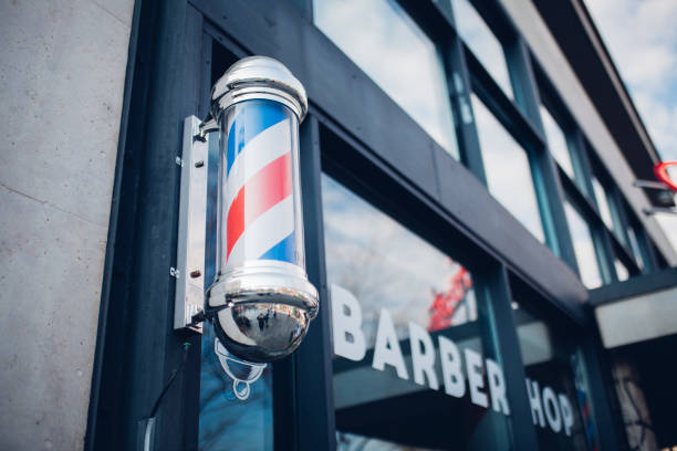 istock Red and blue striped barber shop pole 1083830398