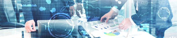 istock Business digital interface with graphs, charts, icons and timeline on blurred background. Website header banner. 1083832430