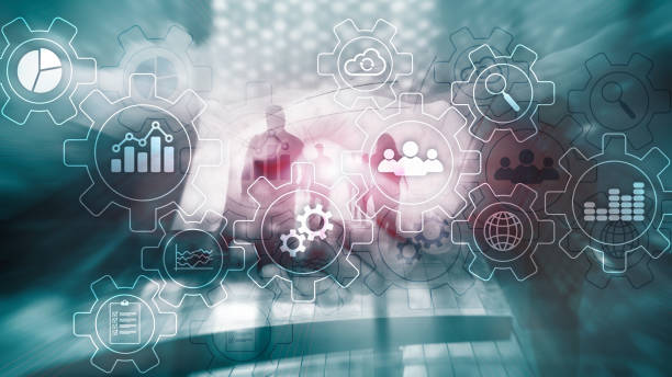 istock Business process abstract diagram with gears and icons. Workflow and automation technology concept. 1083832686