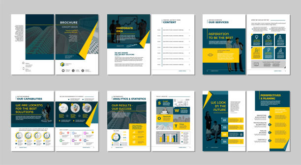 broşür yaratıcı tasarım. çok amaçlı şablon, kapağı, arka ve iç sayfaları içerir.  dikey a4 biçimi. - infografik şablonlar stock illustrations