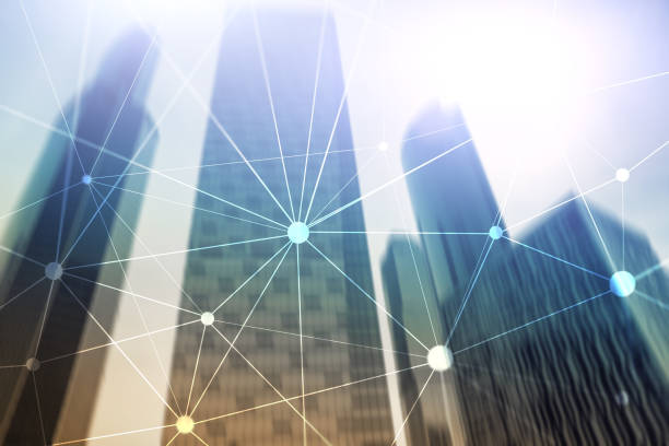 istock Blockchain network on blurred skyscrapers background. Financial technology and communication concept. 1083832970