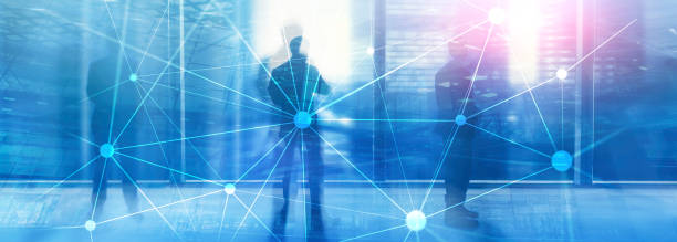 istock Blockchain network on blurred skyscrapers background. Financial technology and communication concept. 1083833002