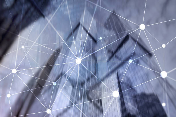 istock Blockchain network on blurred skyscrapers background. Financial technology and communication concept. 1083833318