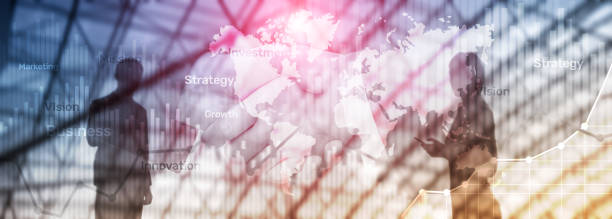 istock Business abstract background double exposure graph, chart and diagram. World wide map and. Global business and financial trading concept. 1083833450