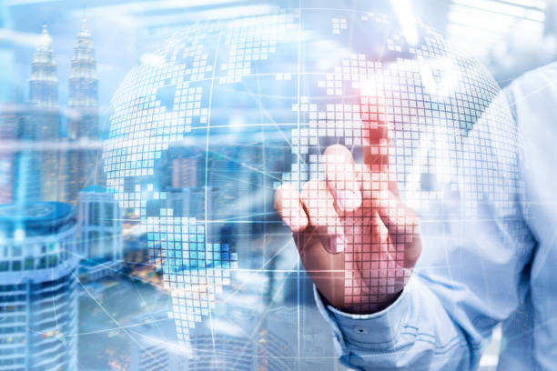 istock 3D Earth hologram on blurred background.Global business and communication concept. 1083833772