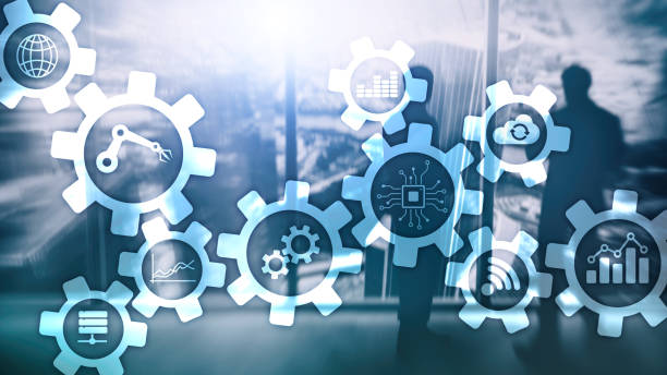 istock Automation technology and smart industry concept on blurred abstract background. Gears and icons. 1083833968