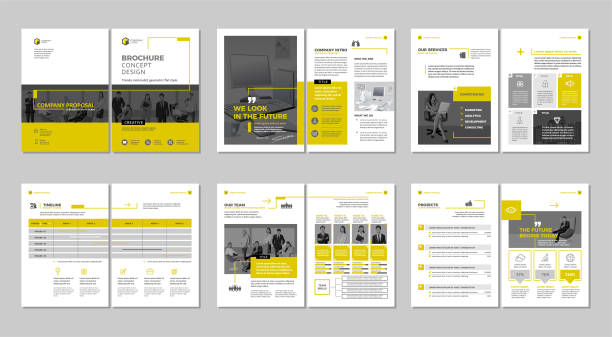 kreatywne opracowanie broszury. szablon uniwersalny, obejmują okładkę, strony z tyłu i wewnątrz.  pionowy format a4. - modny stock illustrations