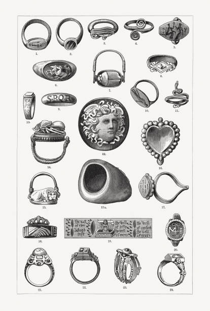 ilustrações de stock, clip art, desenhos animados e ícones de historical rings, wood engravings, published in 1897 - brooch gold jewelry old fashioned