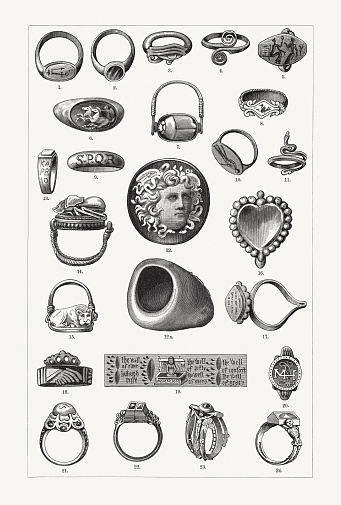 Historical rings: 1+3) Ancient Egyptian glazed clay ring; 2) Golden ring of an ethiopian queen (Roman Empire); 4) Greek bronze ring (8th century BC); 5) Gold ring from Mycenae (12th - 15th centur BC); 6) Gold ring with cut sardonyx (Rome, early imperial period); 7) Ancient Egyptian signet ring with rotatable seal; 8) Greek gold ring (6th century BC); 9) Gilded bronze ring (Roman Empire); 10) Greek ring (4th century BC); 11) Greek gold ring (prosperity period); 12-12a) Roman ring with cameo (during emperor Augustus); 13-15) Etruscan gold rings (5th to 6th century BC); 16) Indian Mirror Ring for women (Bronze); 17) Signet ring of an Indian Brahmin (gold); 18) Anglo-Saxon engagement ring; 19) English amulet ring (15th century); 20) Ring of Henry Stuart, Lord Darnley (Scotland); 21) Ring of Frederick the Great (Prussia); 22-23) Wedding rings of Martin Luther and Katharina von Bora; 24) Ring of Charles I of England. Wood engravings, published in 1897.