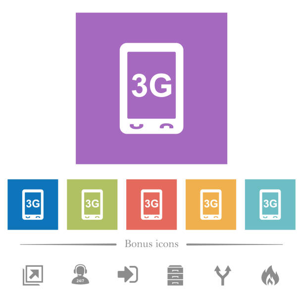 trzecia generacja połączeń mobilnych prędkość płaskie białe ikony w kwadratowym tle - third generation stock illustrations