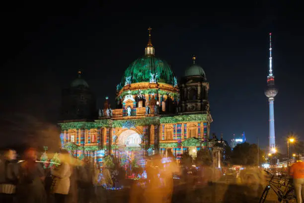 Berlin, Germany - october 2018: Illuminated landmark ( Berlin Cathedral / Berliner Dom) at night during Berlin leuchtet a.k.a. Festival of Lights