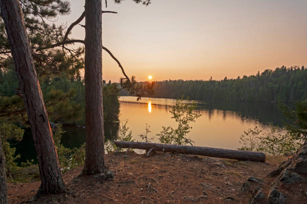 The Sun setting on the North Woods The Sun setting on the North Woods on Other Man Lake in Quetico Provincial Park in Ontario northern ontario stock pictures, royalty-free photos & images