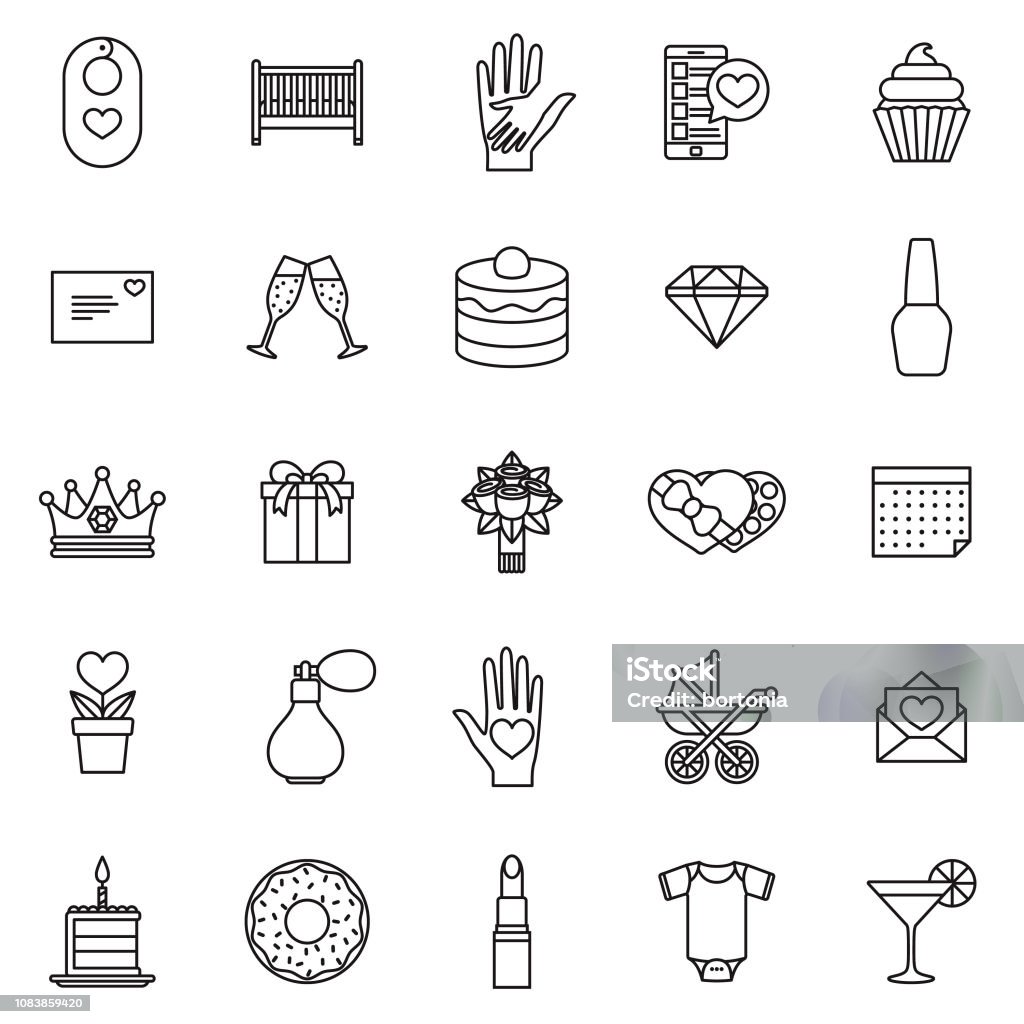 Mother's Day Thin Line Icon Set A thin line set of twenty five icons. Color swatches are global so it’s easy to edit and change the colors. Mother's Day stock vector