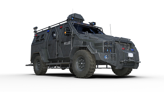 Blindado carro SUV, vehículo de la policía a prueba de balas, ley aplicación coche aislado sobre fondo blanco, vista inferior, render 3D photo