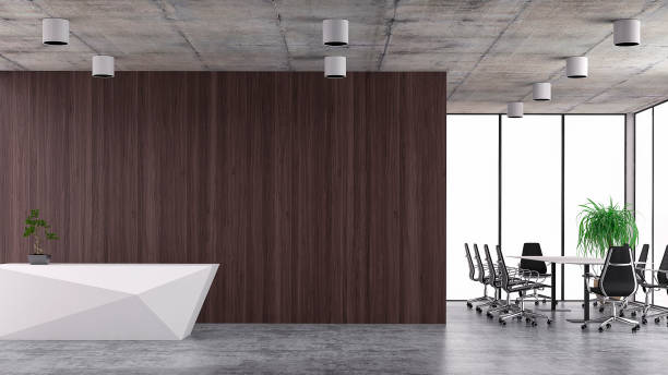 istock Modern interior with conference table and chairs and reception desk 1083868366