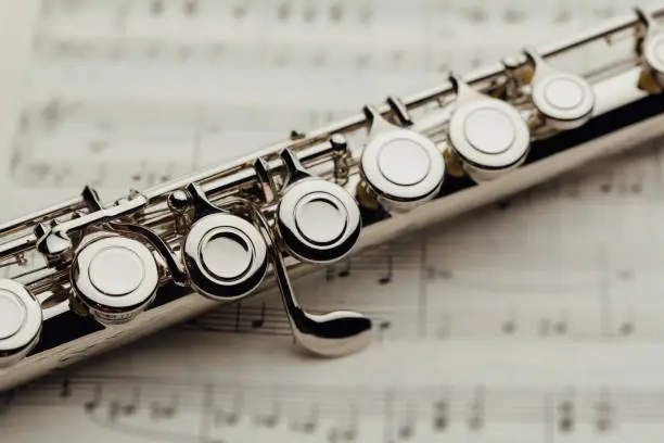 Photo of transverse flute on music sheet