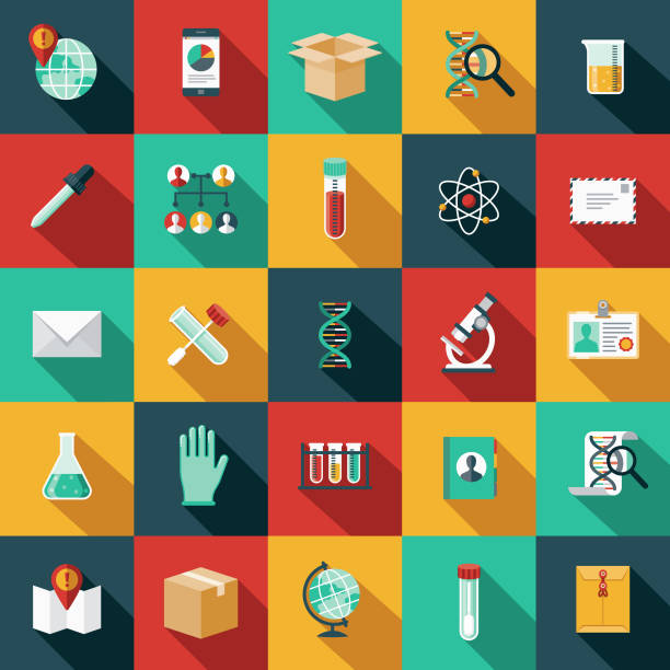 Genetic Testing Icon Set A flat design styled icon set with a long side shadow. Color swatches are global so it’s easy to edit and change the colors. science icons stock illustrations
