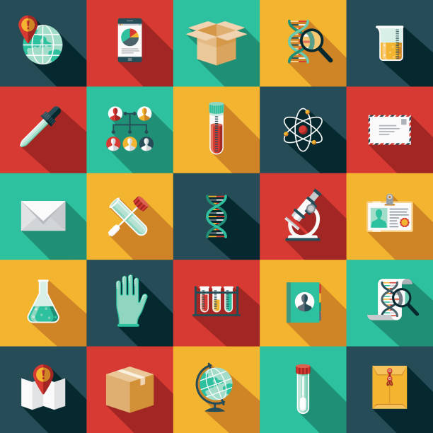 Genetic Testing Icon Set A flat design styled icon set with a long side shadow. Color swatches are global so it’s easy to edit and change the colors. genetics icon stock illustrations