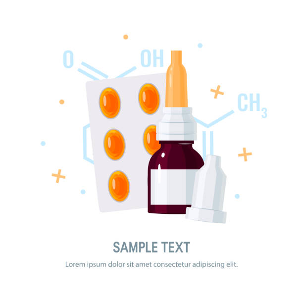 аптечная бутылка и таблетки концепции в плоском стиле - nasal spray allergy bottle body care stock illustrations