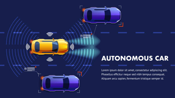 Autonomus Car Illustration. Vector Landing Page. Autonomus Car Vector Illustration. Future Smart Sensing System with Wifi Communication between Vehicles with GPS Assist and Safety Guard. Highway Road Top View. Mobility Intelligent Monitor. autonomous vehicles stock illustrations