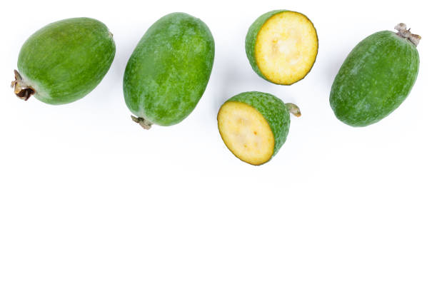 Tropical fruit feijoa Acca sellowiana isolated on white background with copy space for your text. Top view. Flat lay pattern Tropical fruit feijoa Acca sellowiana isolated on white background with copy space for your text. Top view. Flat lay pattern. pineapple guava stock pictures, royalty-free photos & images