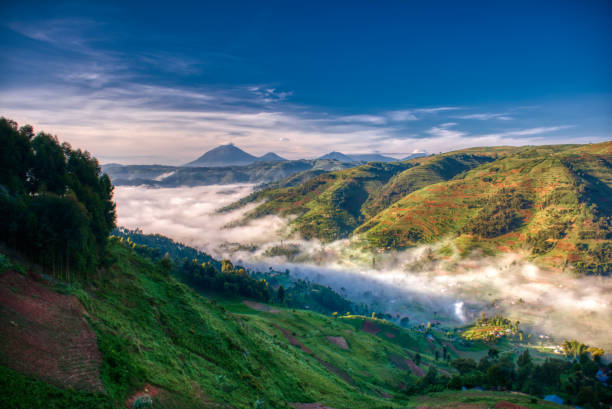 Morning farmland green of Uganda with volcanoes in background Dramatic valley mist in the valleys of the hillside farmlands of the highlands of Uganda uganda stock pictures, royalty-free photos & images