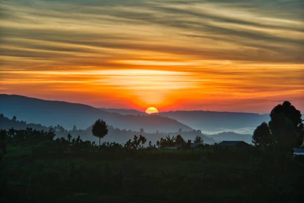 schöne orange sunrise mit den hügeln von uganda und geschichteten farbigen himmel - african sunrise stock-fotos und bilder