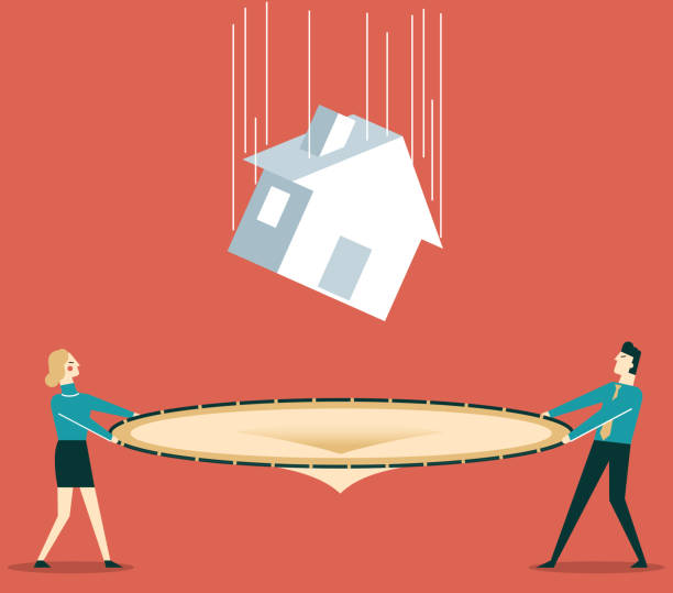 Homes decreasing in value - Business people business person holding trampoline to catch falling building safety net stock illustrations