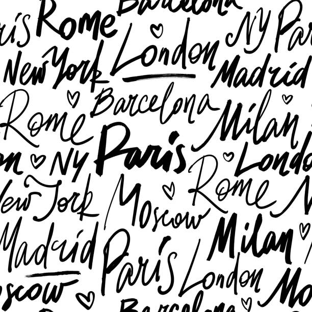 Vector seamless pattern with names of world cities Seamless pattern with names of world cities Paris, Madrid, Barcelona, Rome, Milan, London, Moscow and New York. Modern hand drawn brush calligraphy illustration fabric patterns names background stock illustrations