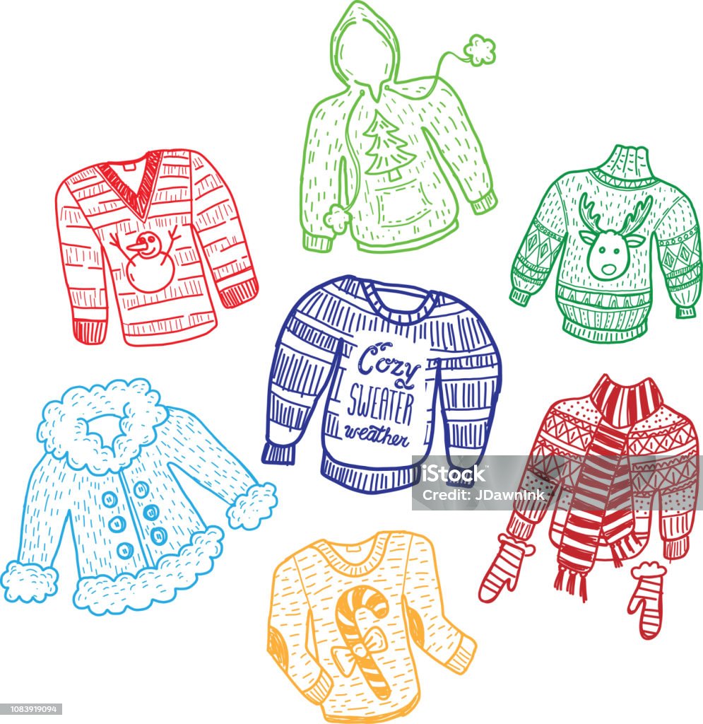 Winter Christmas Knitted sweaters set Vector illustration of hand drawn Winter Christmas Knitted sweaters. Drawing - Art Product stock vector