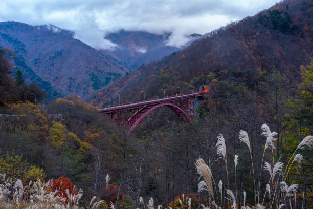 Beautiful red Mameyaki Bridge of country road among mountains in countryside in Saitama, Japan