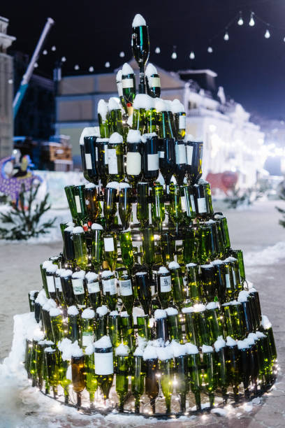 Christmass tree made with wine bottles at new year fair in Kyiv