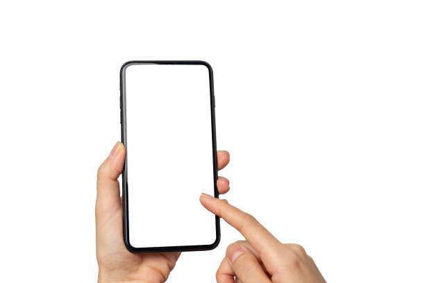 istock Hand young woman holding mobile smartphone with blank screen isolated on white background with clipping path 1083935314