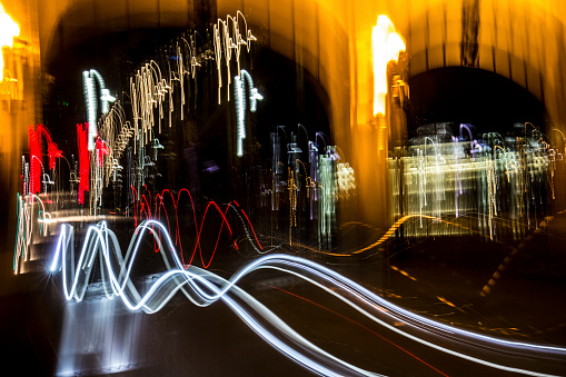 Abstract lights in motion at night from traffic on the Smithfield Street Bridge in Pittsburgh, Pennsylvania.