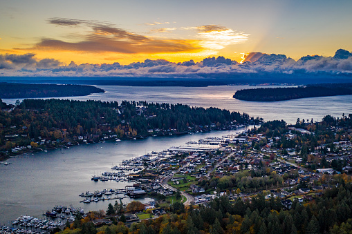 An aerial view of Gig Harbor and Tacoma Washington at sunrise