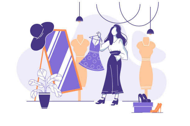 평평한 젊은 여자 옷이 게에서 거울 앞에 노력 하 고. - boutique fashion indoors shopping stock illustrations