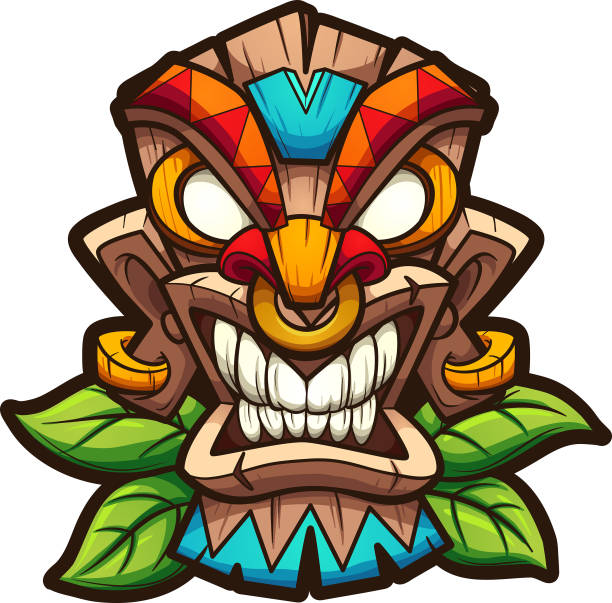Tiki Mask Cartoon colorful tiki mask with leaves. Vector clip art illustration with simple gradients. All in a single layer. tiki mask stock illustrations