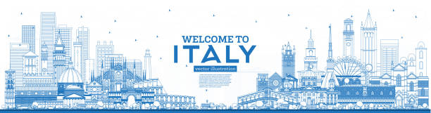 illustrazioni stock, clip art, cartoni animati e icone di tendenza di contorno benvenuto in italia skyline con edifici blu. monumenti famosi in italia. - milan napoli